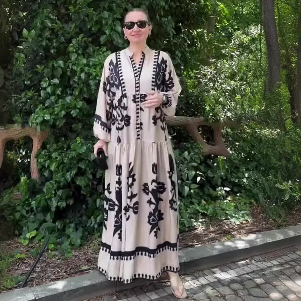 Women's Clothing 2024 summer new long sleeved long skirt casual women's wear pullover printed retro pattern dress