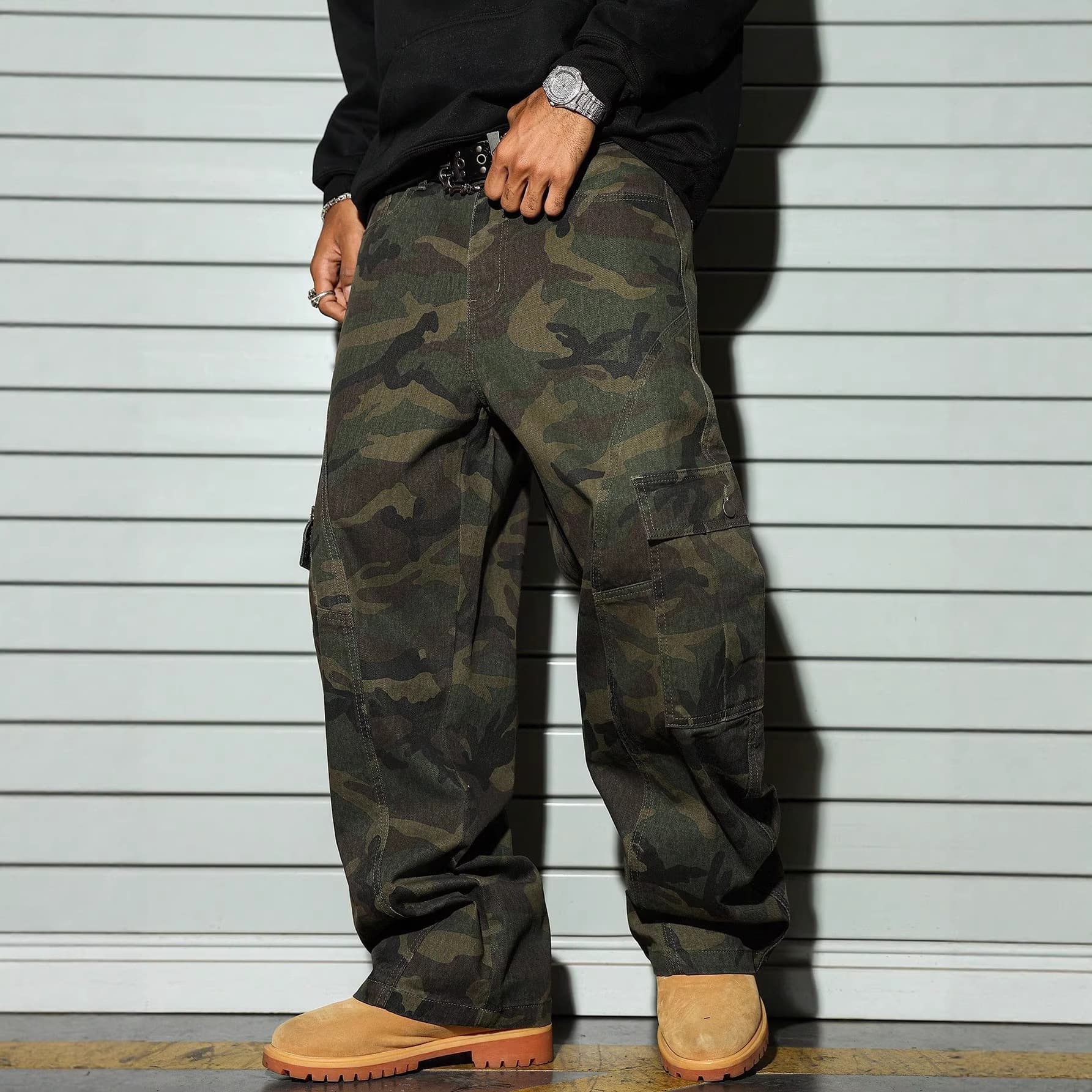 Men's Clothing Street Style Casual Ripped Multi Pocket Cargo Wide Leg Camouflage Jeans