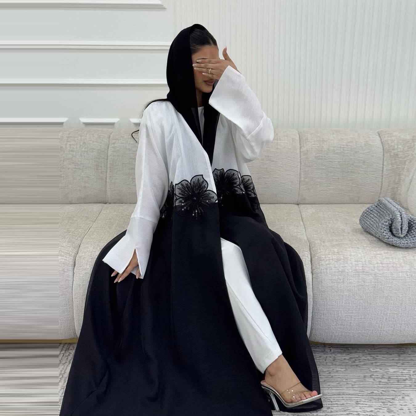 Modest Abaya With 3D Appliqué – Elegant Crinkle-Finish Open Front Robe In Beige & Olive | One-Size Fits Most