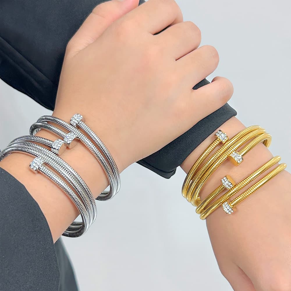 Wemen's Jewelry Multi Layer Stacked Zircon Bracelet Fashionable Titanium Steel Gold Plated Open Bracelet