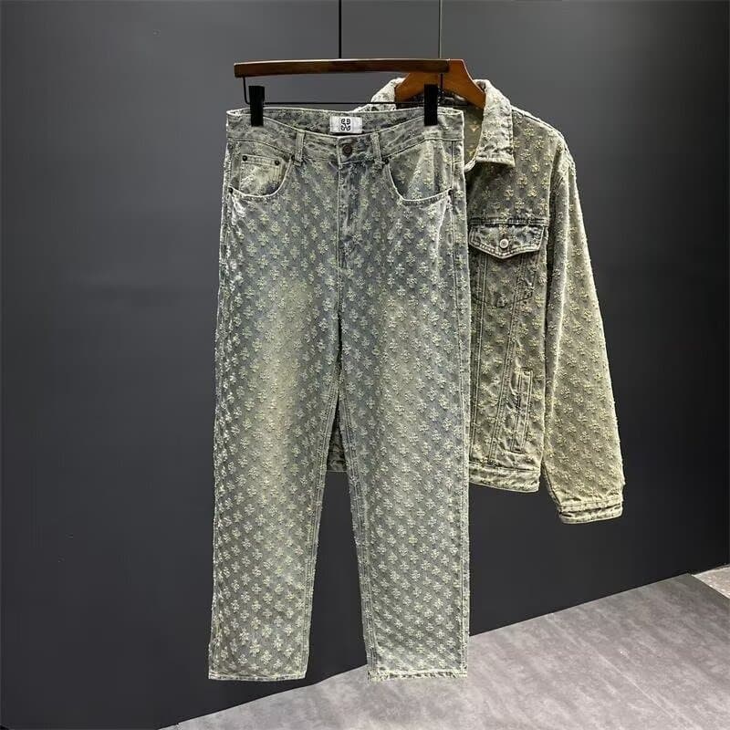 Men's Clothing style niche patchwork design shoulder pad denim jacket men's spring and autumn distressed washed casual jacket two piece suit