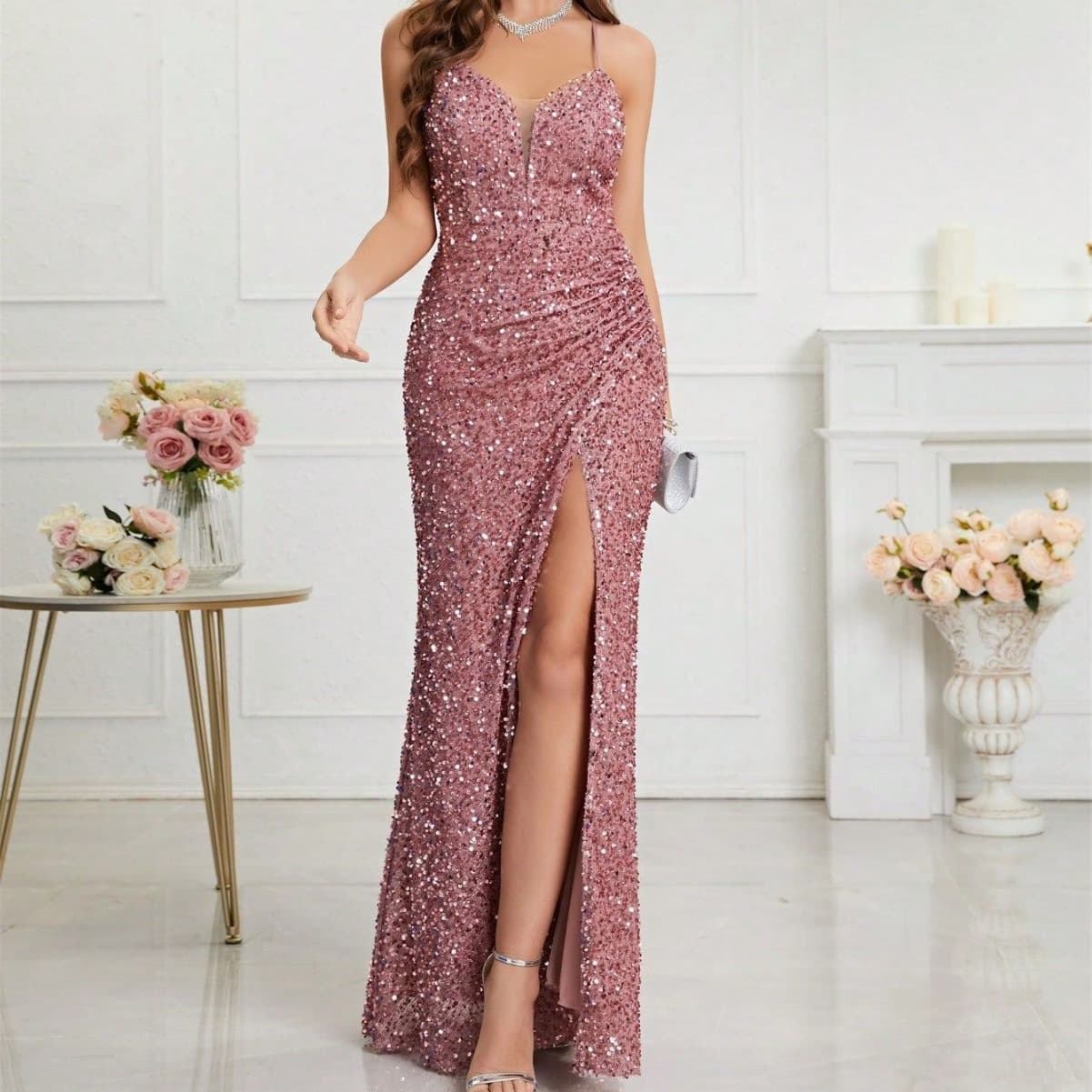 Women's Clothing Evening Dress Banquet Temperament Slim Daily V Neck Sequin Dress