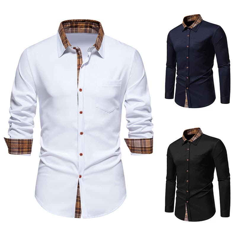 Men's new shirt men's long-sleeved shirt collar plaid color-blocking bottoming shirt