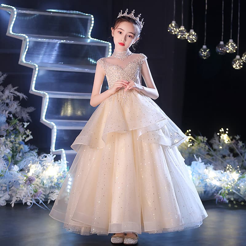 Girl's Champagne Tulle Dress - Puffy Princess Gown For Birthday & Special Occasions​
