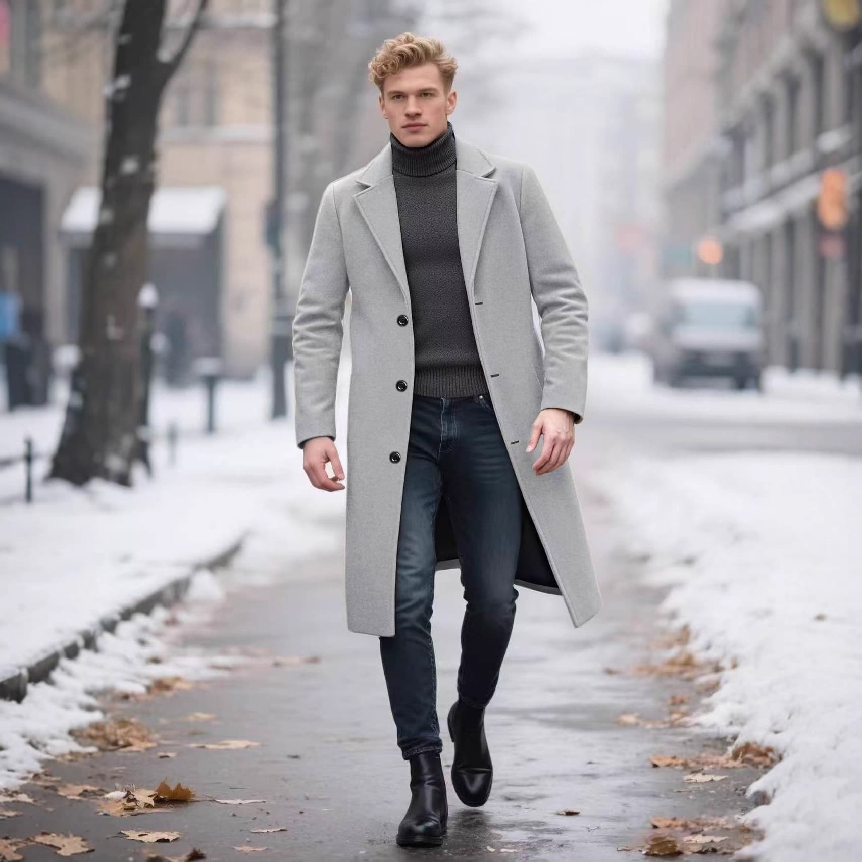 ​​Men's Classic Wool-Blend Trench Coat – Slim-Fit Long Overcoat In Black/Charmer Grey/Khaki/Light Grey/Navy – British-Inspired Casual & Office Style​​