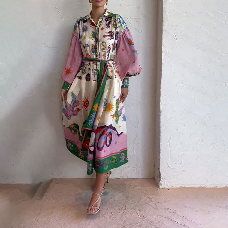 women's clothing casual personalized printed V-neck tie waist long-sleeved dress