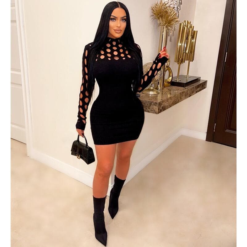 Women's Clothing fashionable sexy knitted dress hollow long sleeved tight woolen skirt