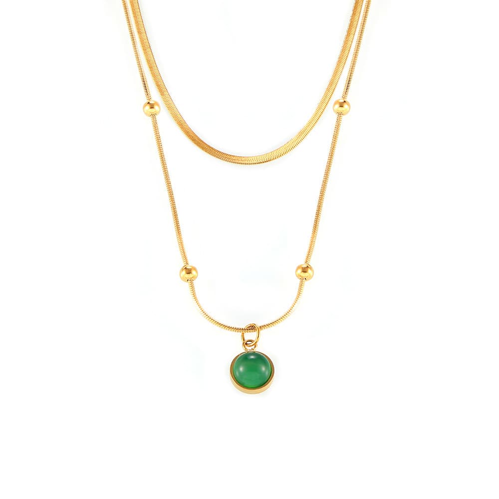 Vintage Green Stone Pendant Necklace, Niche, Simple, Detachable, Foldable Style, Stainless Steel Collarbone Chain