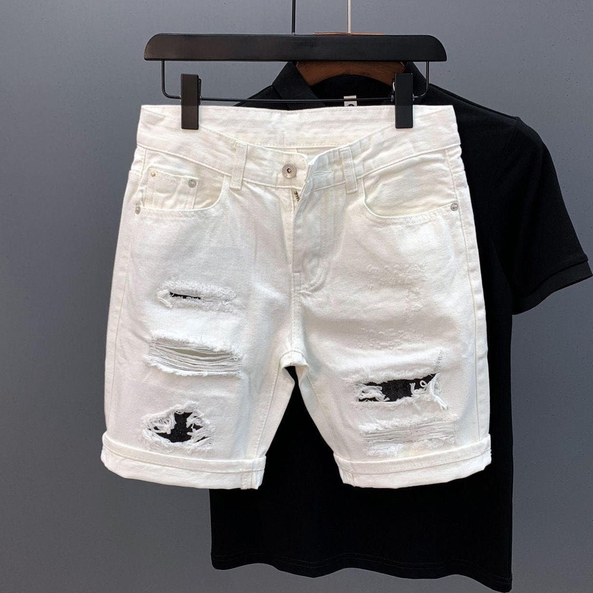 Men's Clothing Big Hole White Denim Shorts Trend Scratched Casual Non Elastic Shorts