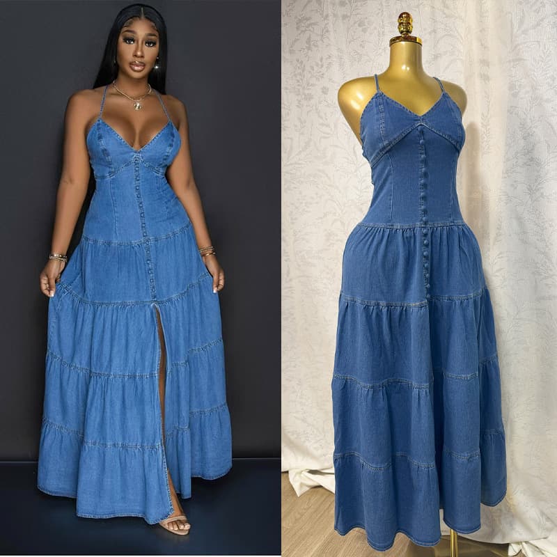 Women's Clothing Women's Summer New Sexy Fashion V Neck Suspender Back Strap Denim Dress Cake Long Skirt