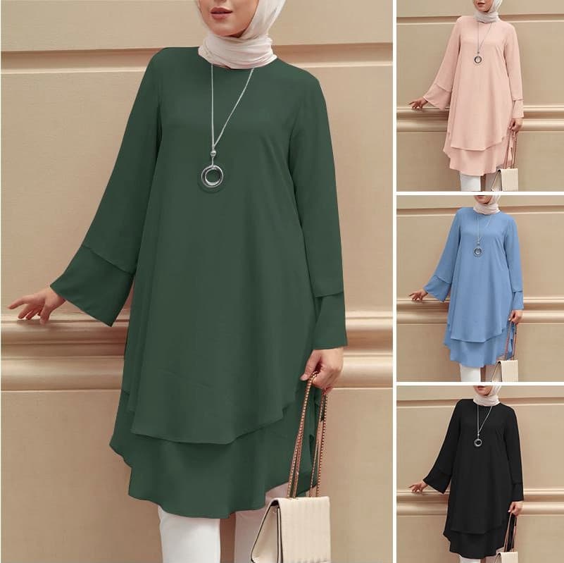 Women's Clothing Spring And Autumn Two Layer Design Shirt Round Neck Solid Color Elegant Holiday Party Top Turkish Robe