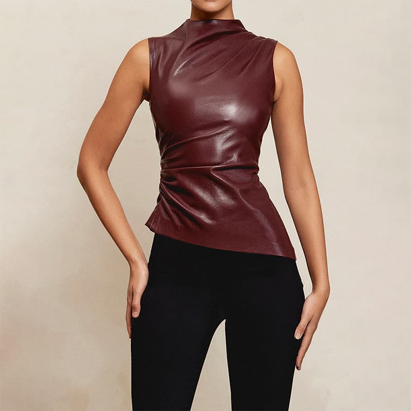 Women's Clothing 2024 new leather pile collar personality waist oblique hem sleeveless top female vest