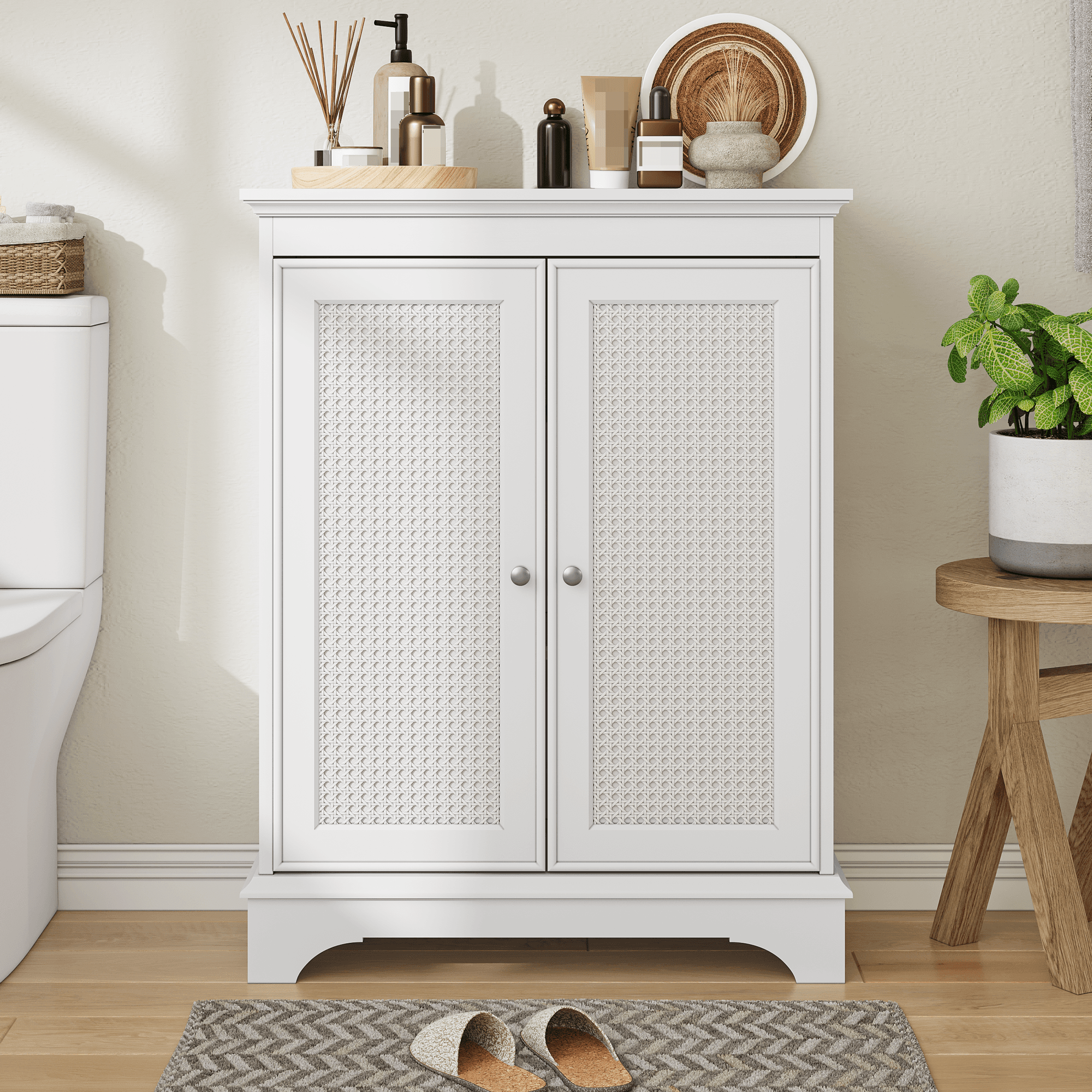 Freistehender Badschrank Mit Stauraum, Weiß Mit Korbtüren Und Verstellbarem Regal, Für Wohnung