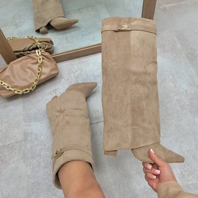 Bottes hautes à bout pointu pour femmes, avec boucles métalliques, talons épais, bottes d'hiver montantes jusqu'aux genoux en cuir PU, talons épa
