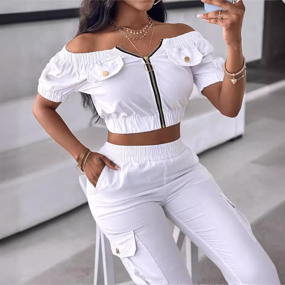 Women's clothing solid color one-shoulder raglan short-sleeved patch pocket top + casual cuffed trousers set