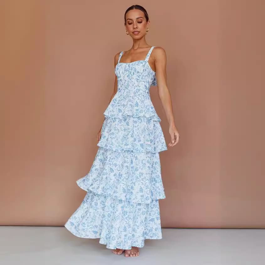 Spring Summer Floor Length Temperament Printed Dress for Women Holiday Party Two Colors Available