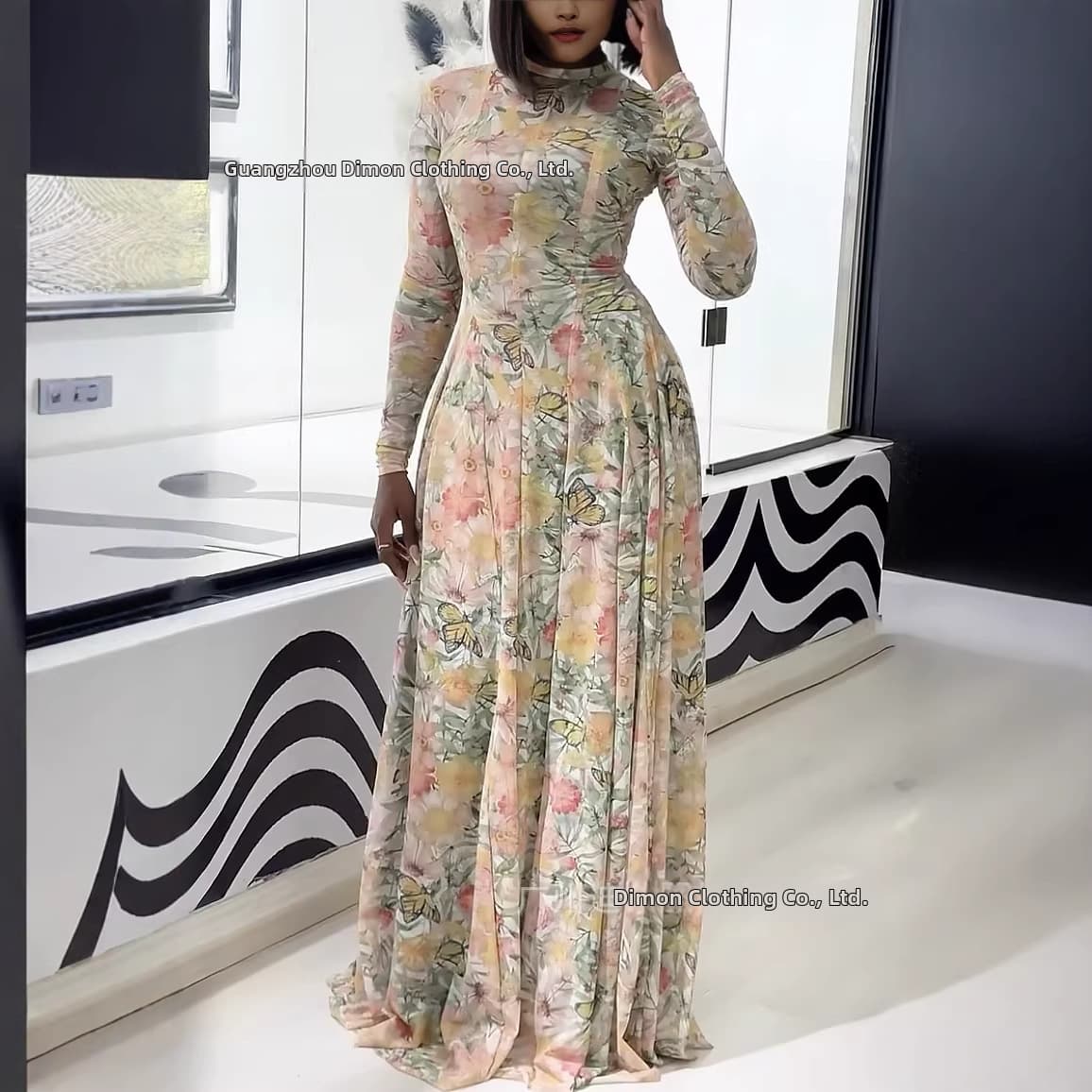 Women's 2 Piece Set Slimming High Neck Long Dress With Waist Cinching A-Line Skirt Clothing