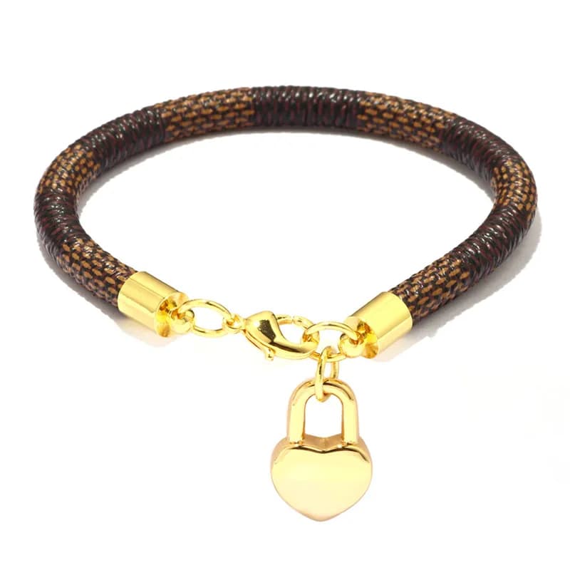 Brand Leather Charm Bracelets For Women Plaid PU Real Gold Plated Heart Bag Pendant Lobster Clasp Design Bangle Fashion