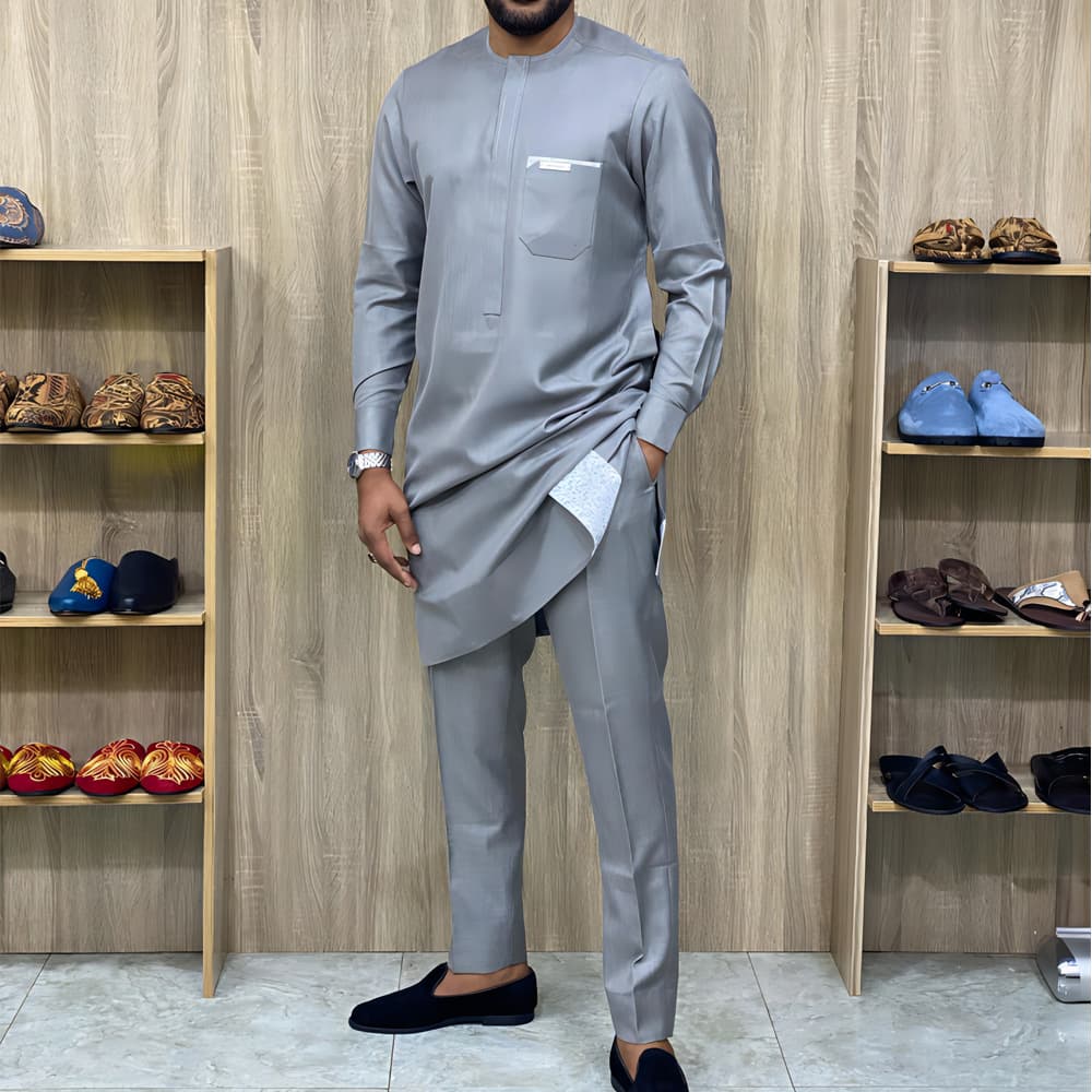 Men's solid color round neck long sleeve festival African national style two-piece set