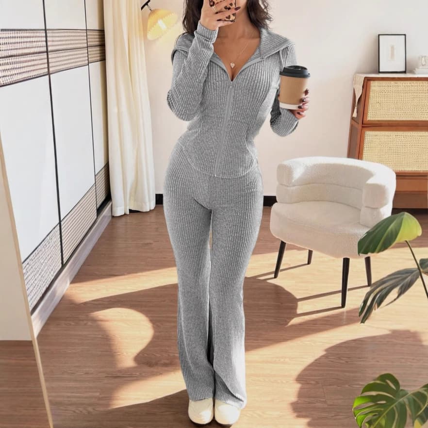 Men's & Women's Ribbed Knit Tracksuit Set - Slim Fit Zip-Up Jacket & Solid Pants, Casual Lounge Two-Piece Outfit (Grey/Black/Burgundy, S-XXL)