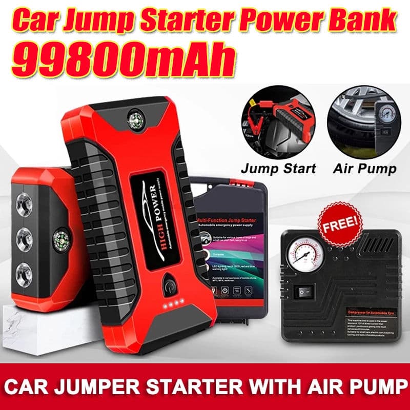 99800mAh 12V Air Pump Portable Emergency Multi-function Rechargeable Battery Jump Starter Power Bank Car Jumper With LED