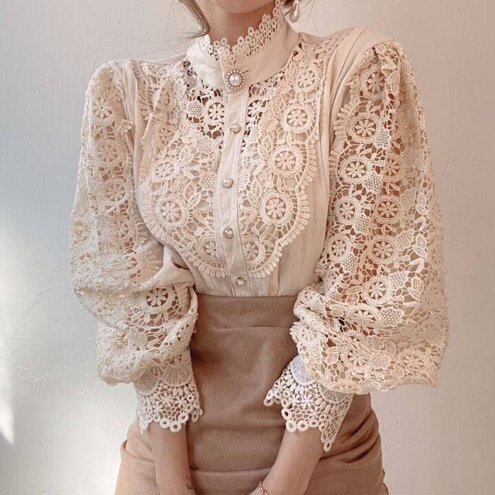 Women's Clothing Loose chic button lace cutout flower patchwork long-sleeved stand-up collar shirt