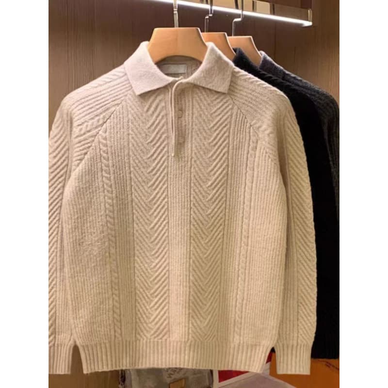 Men's Clothing Retro Minimalist Jacquard Texture Lapel Sweater Top Solid Color Men's Slim Pullover Sweater