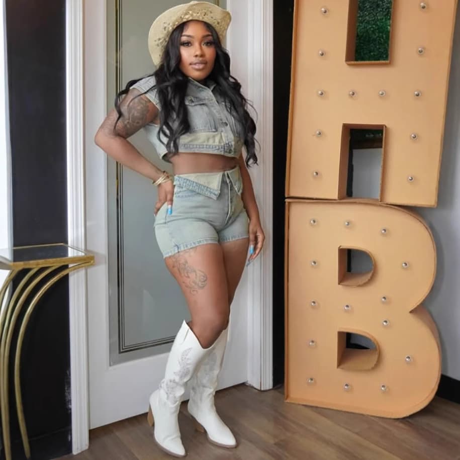 Women's Clothing Women's Casual Denim Suit Style Washed Color Block Top High Waisted Jeans Short Sleeve Rolled Up