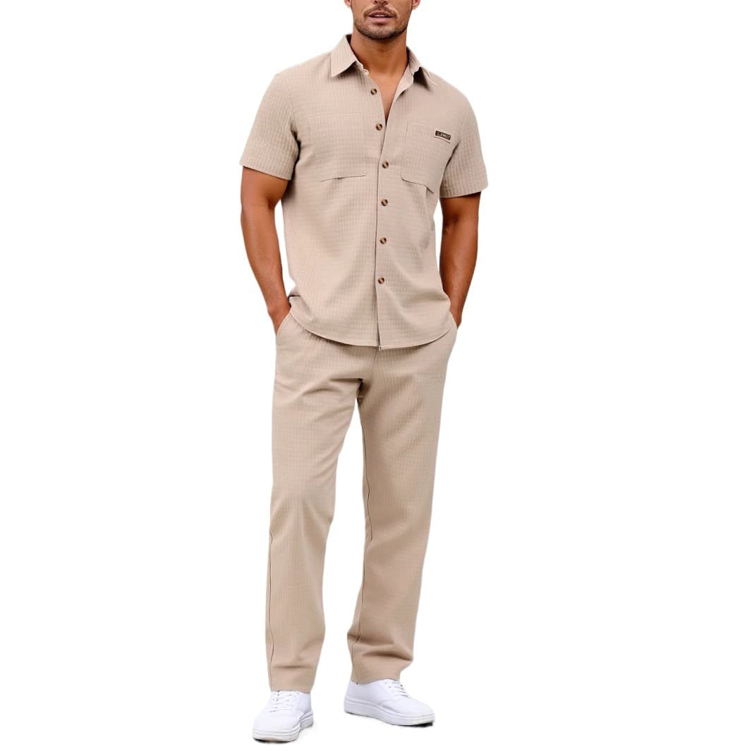 Men's Textured Checkered Short-Sleeve Shirt & Trousers Set – Summer Casual Two-Piece Outfit With Lapel Collar (S-XXL)​