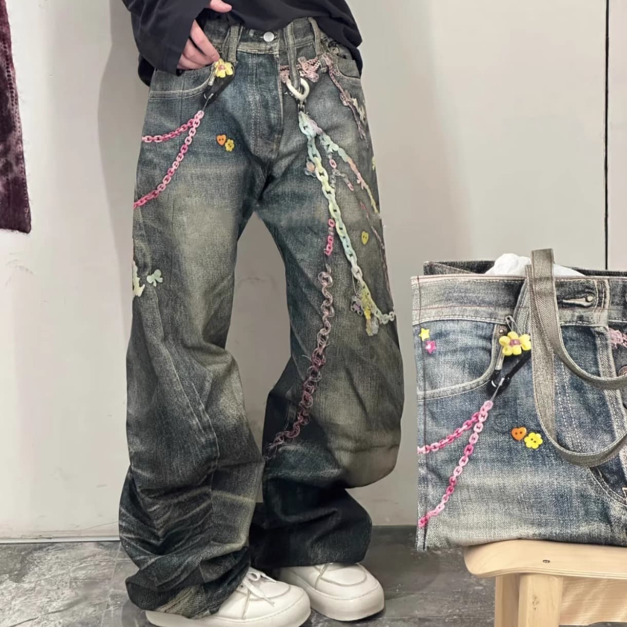 Men's Clothing Candy Chain 3D Illusion Print Men's Scimitar Jeans Trousers