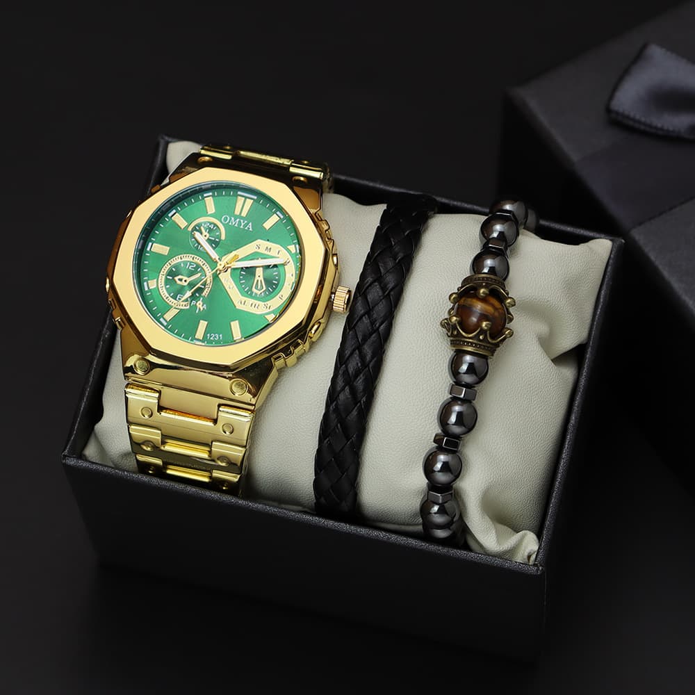 OMYA Men's Waterproof Watch Set 3ATM Stainless Steel Calendar Quartz Gift Box With Bracelet