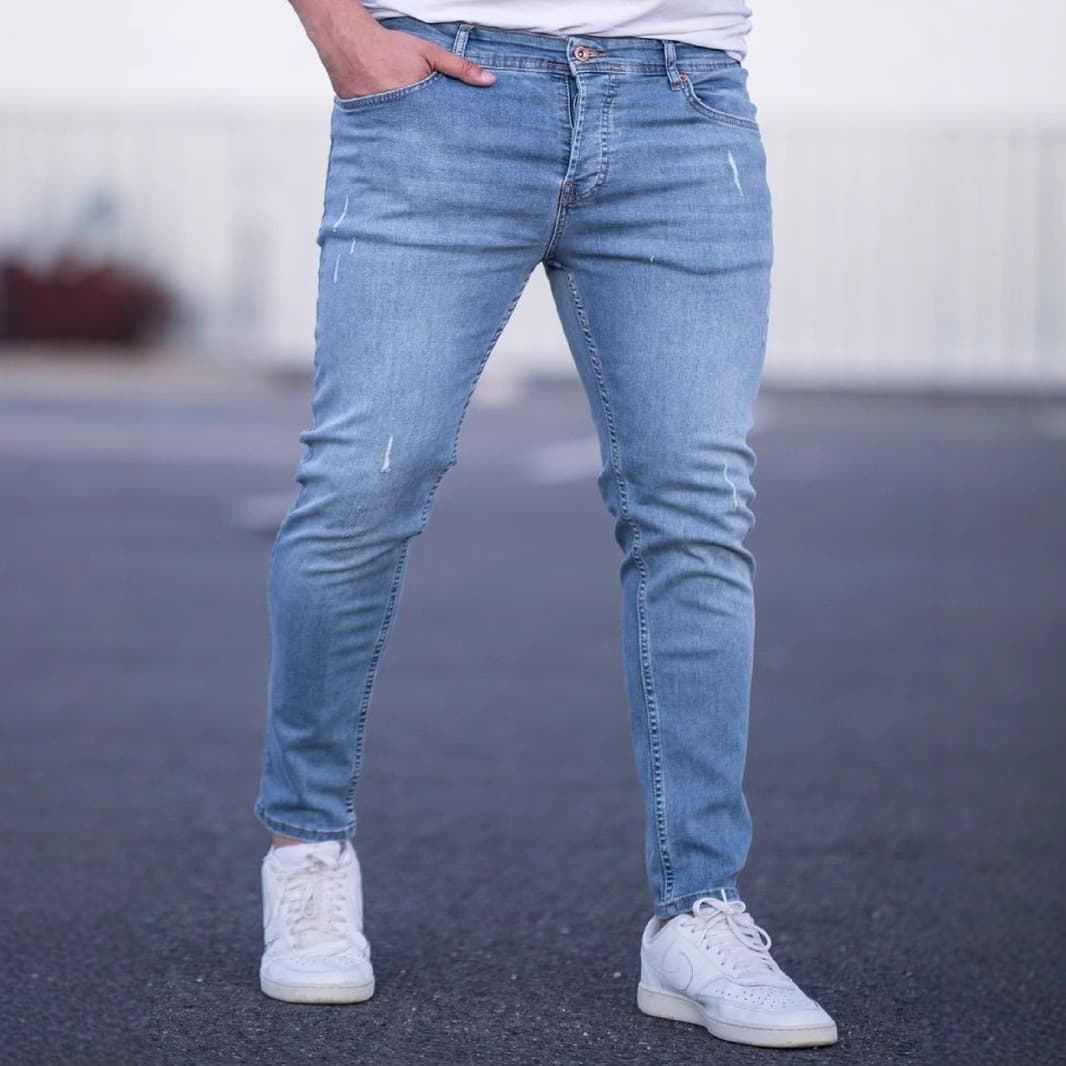 Men's Slim Fit Stretch Jeans - Classic Blue Distressed Denim, Mid-Rise With Tapered Leg (S/M/L/XL/XXL)