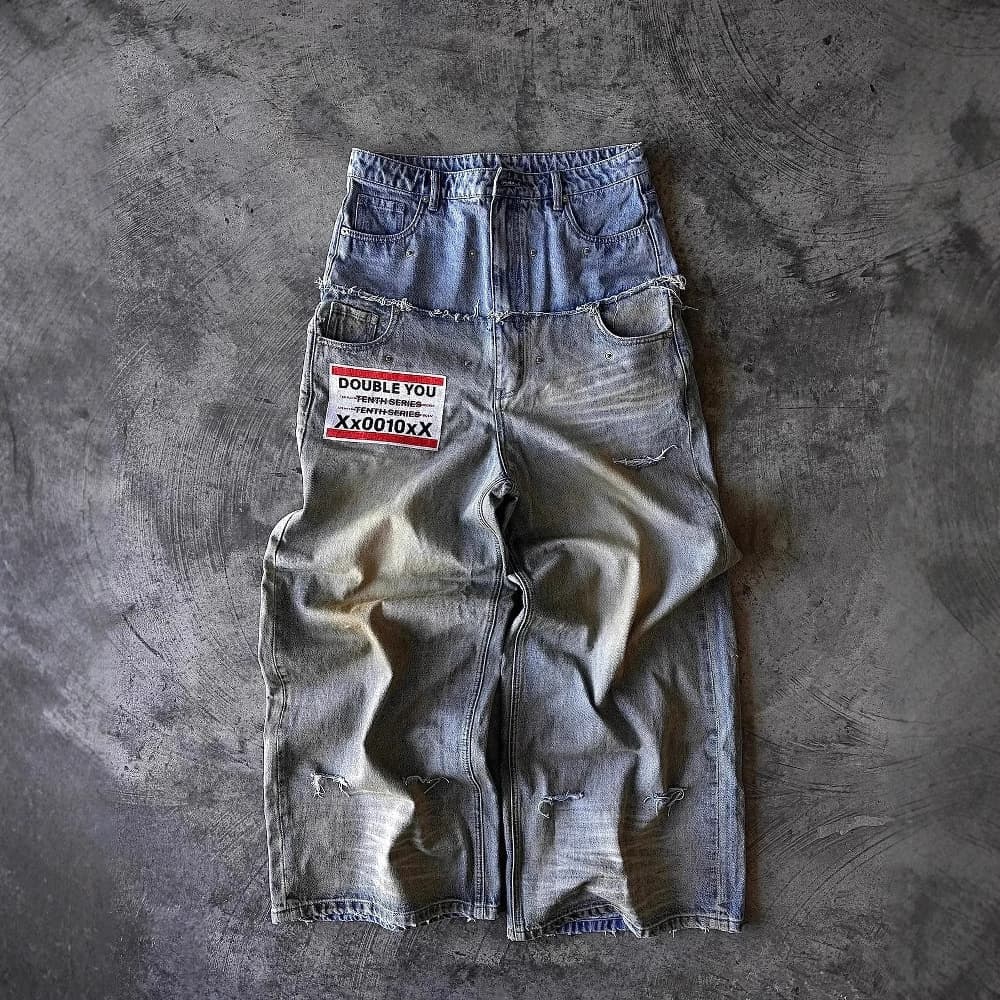 Men's Y2K Gothic Streetwear Distressed Print Jeans - High Waist Straight Leg Loose Fit Denim Pants For Casual Fashion