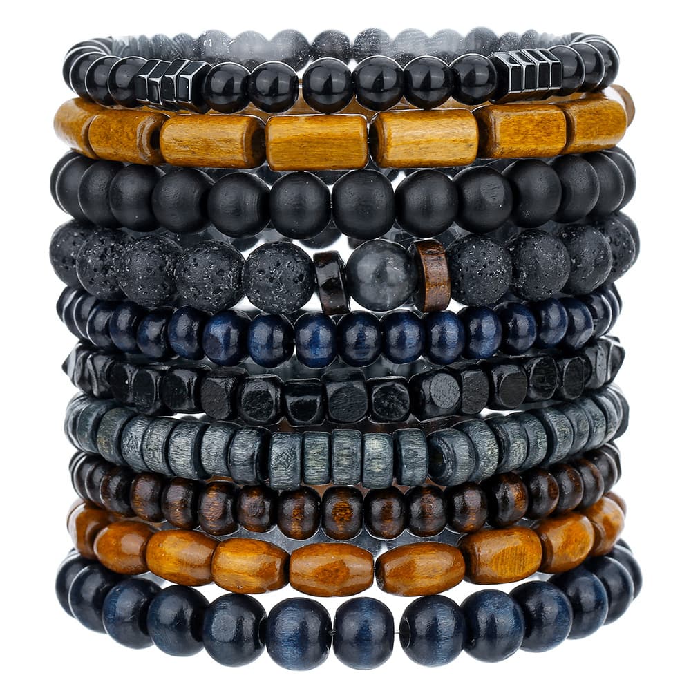 Hot Selling Jewelry For Men, Retro Wooden Beads, Volcanic Stone Elastic Bracelets, Versatile Niche Stacking Bracelet Sets