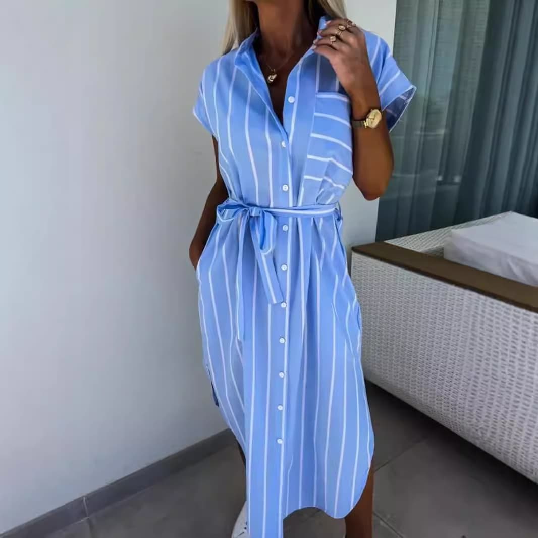 Women's Clothing Retro Elegant Simple Striped Sleeveless Loose Mid Length Shirt Dress Lace Up Shirt