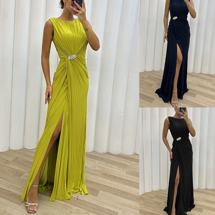 Women's Pressure Pleat Split Casual Dresses Sleeveless Fashion Dresses Evening Dresses