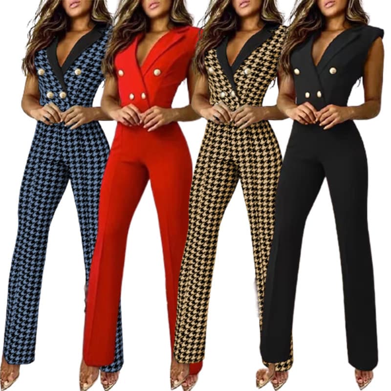 2022 spring / summer women's wear color blocking button V-neck sleeveless thousand bird check