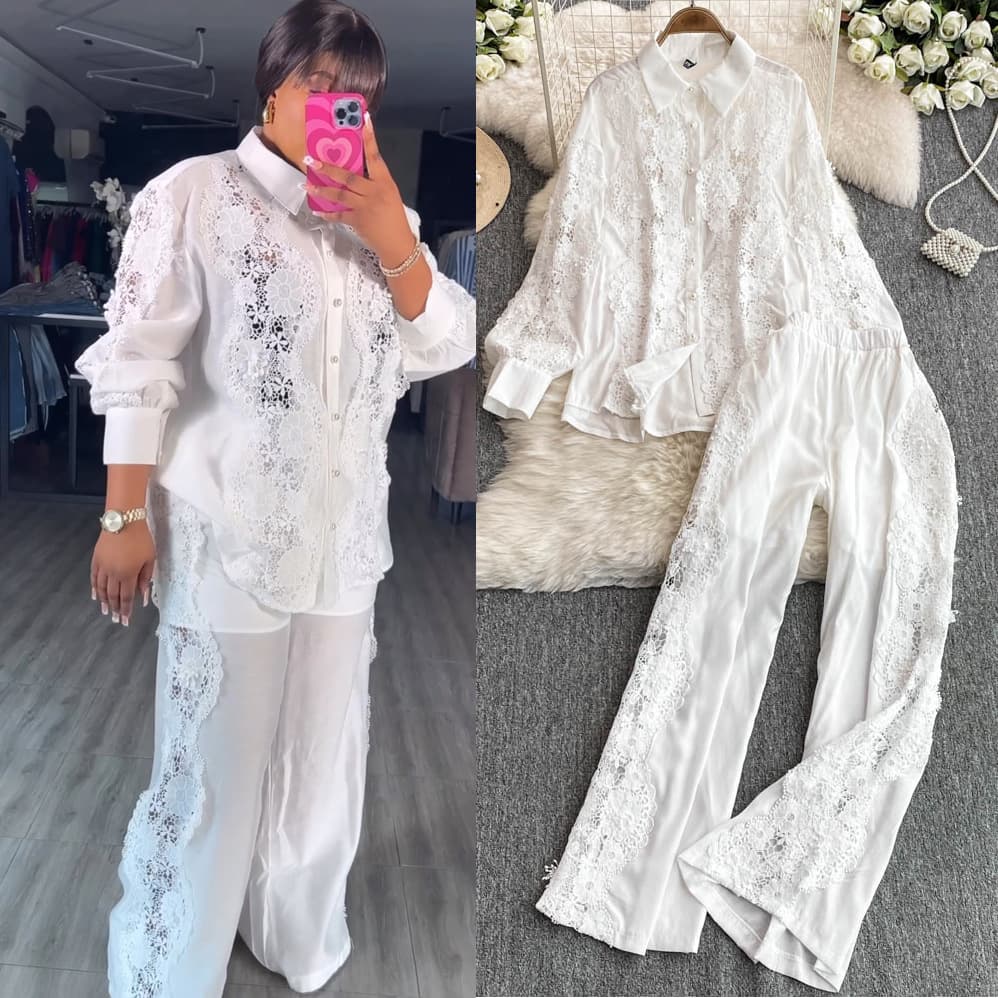 Women's Heavy Lace Stitched Temperament Shirt And Wide Leg Trousers Set Long Sleeved Elastic High Waist Two Piece Suit For Spring/Autumn/Summer