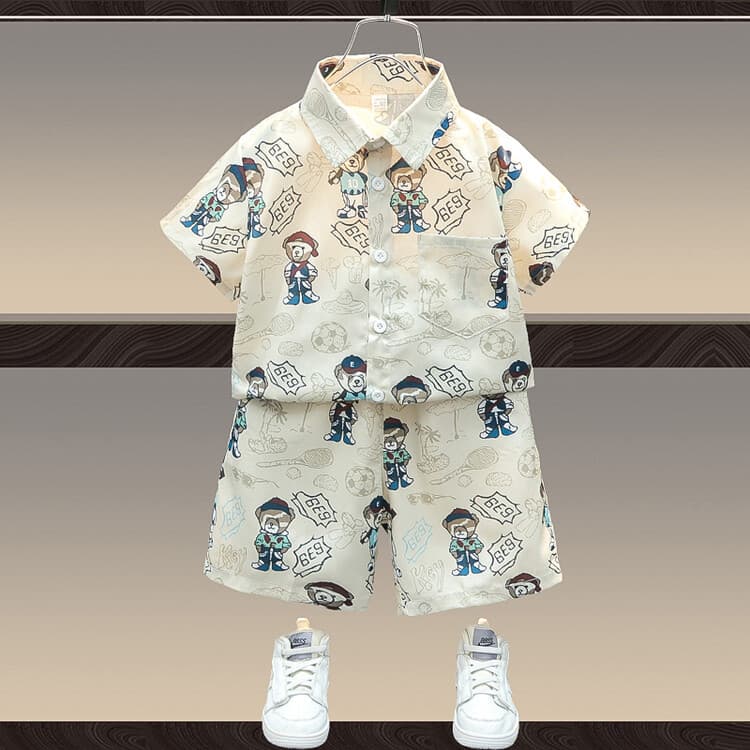 Mother & Kids Boys Summer Wear Bear Shirt Suit Casual Short Sleeved Two Piece Suit Trendy