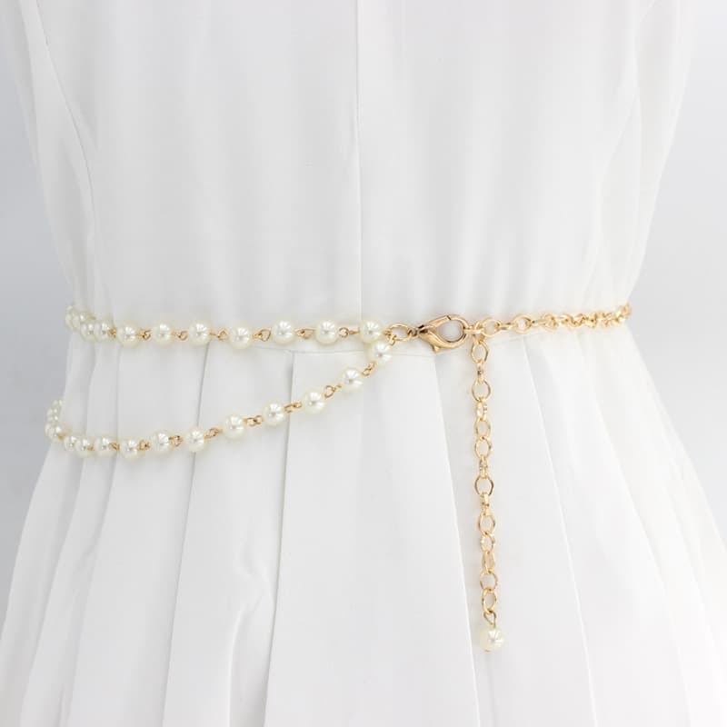 HOT Multilayer Pearl Thin Long Belt For Women Elegant Gold Metal Body Chain Apparel Dress Decor Adjustable Female Waist