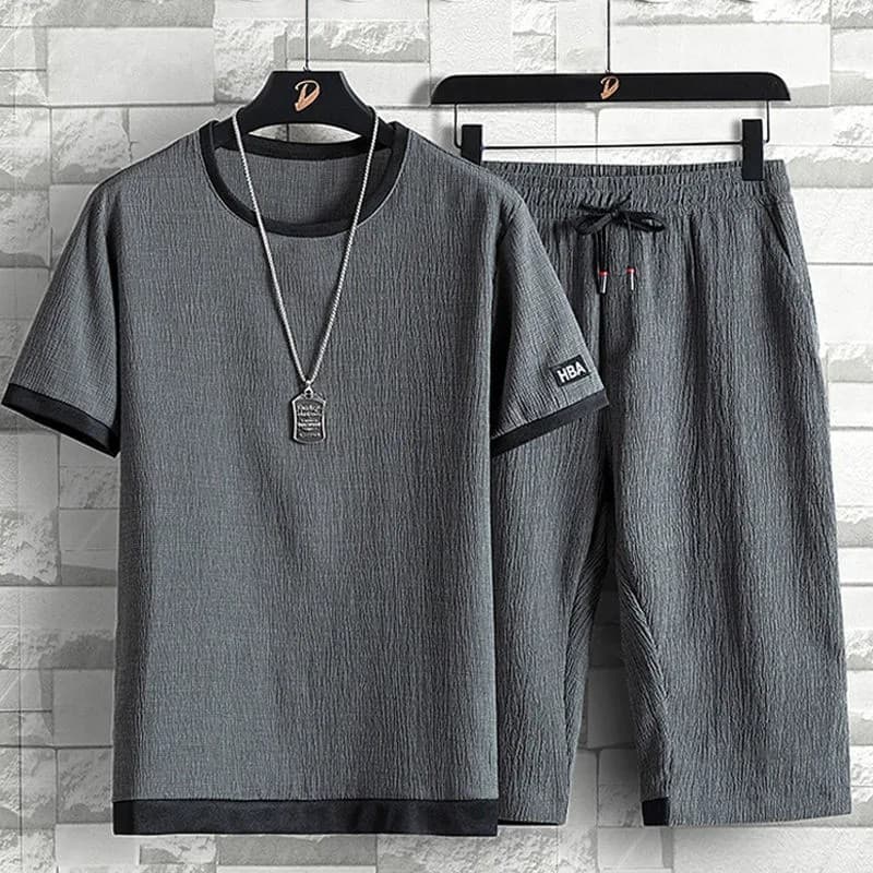 Men's clothing Short sleeved T shirt summer men's sports leisure suit loose quick drying ice silk running fitness short sleeved shorts two piece suit