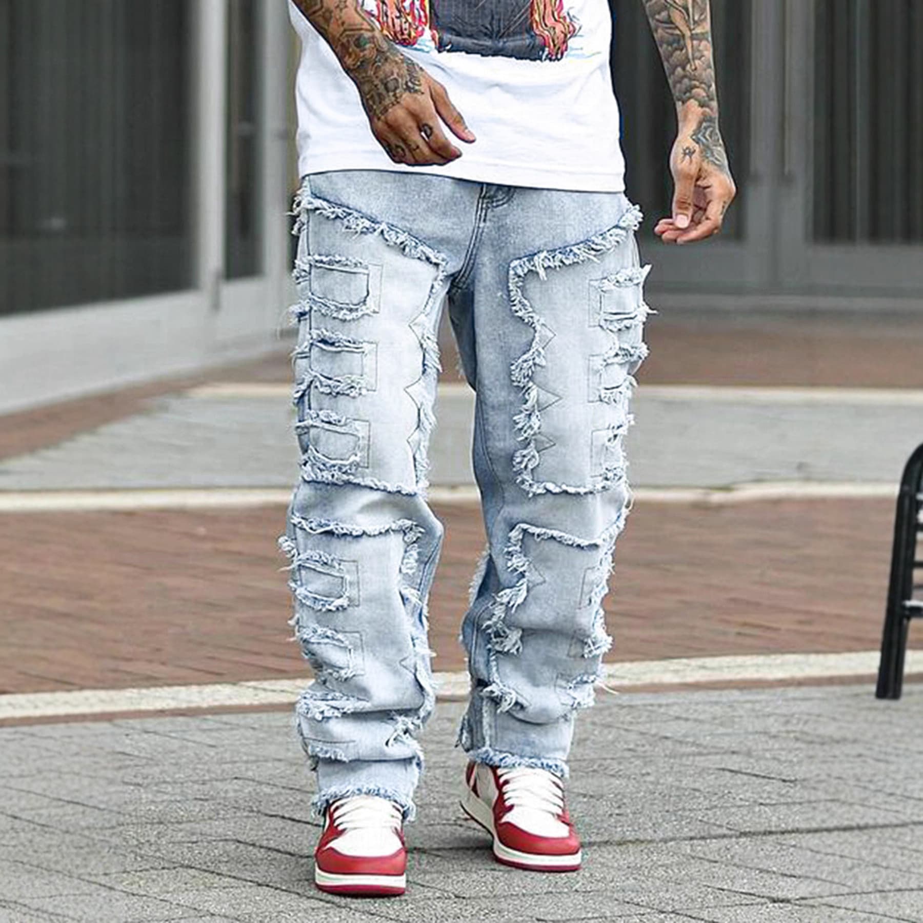 Men's Vintage Distressed Jeans – Retro Frayed Hem & Relaxed Fit (Light Blue/Black, S-XXL)