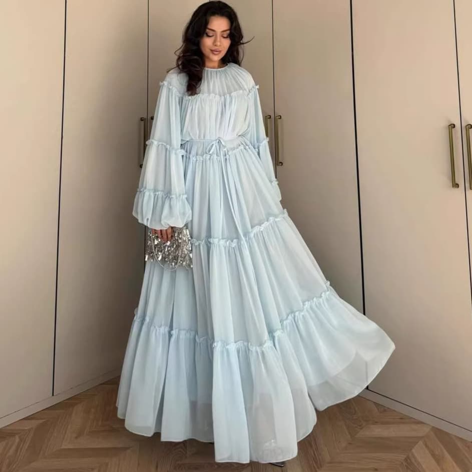 Women's Elegant Tiered Dress – Bubble Sleeves, Waist Tie Belt, Flowy Summer Dress For Casual & Party (Multi-Color & Size Options)
