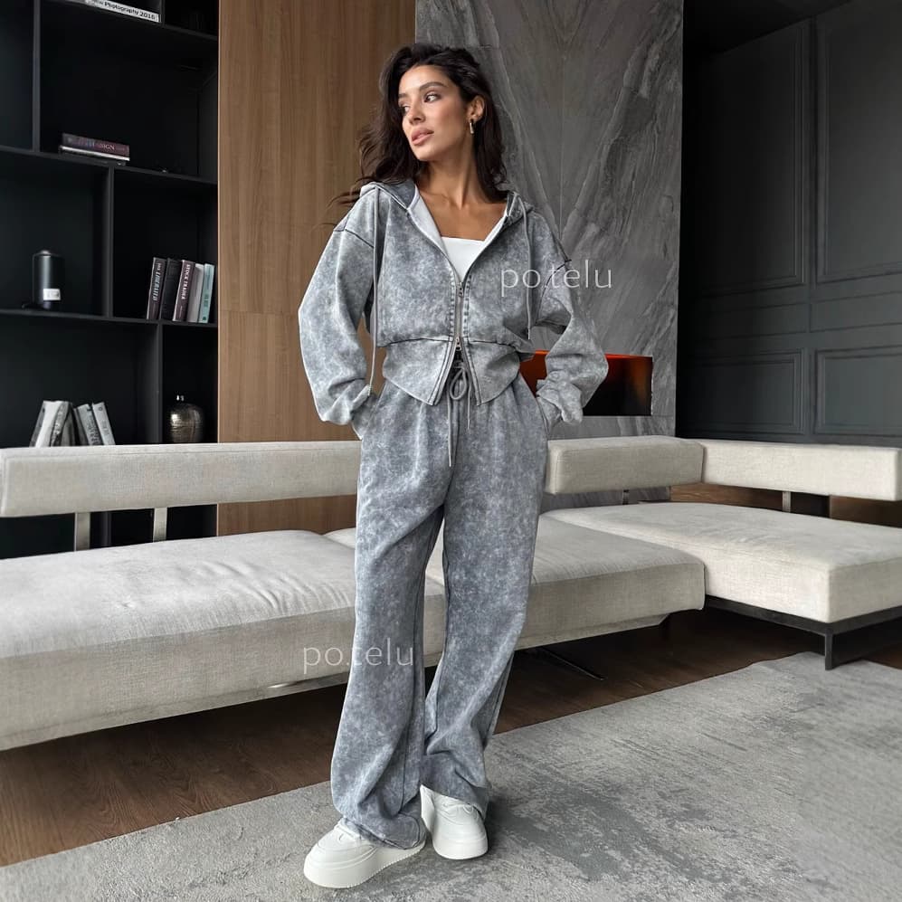 Women's Clothing Washed Distressed Sweater Suit Women's Long Sleeved Zipper Hooded Top Straight High Waist Casual Sweatpants