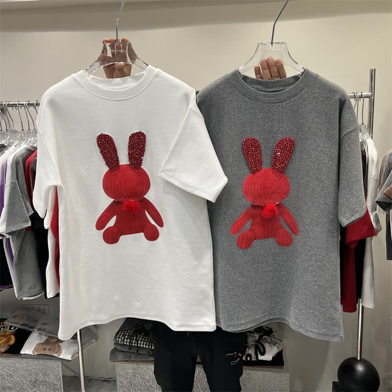 Women’s Clothing Thickened Brushed Cartoon Printed Rabbit T Shirt Summer Loose Large Version Medium And Long Short Sleeved Top Female Ins Trend