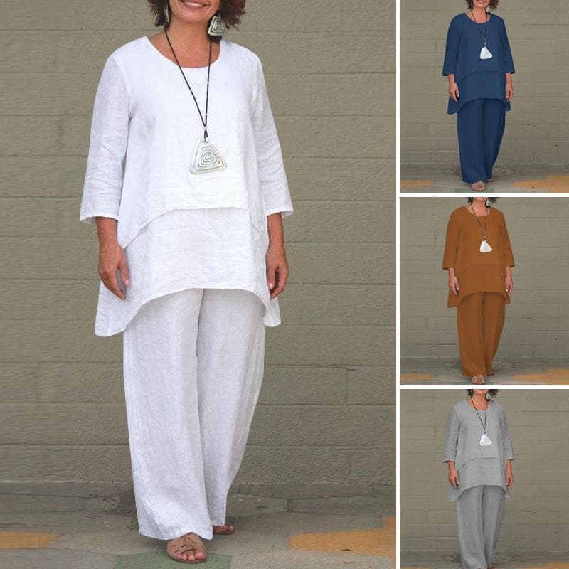 Women's Clothing Cotton And Linen Fashion Casual Large Size Irregular Long Sleeved Suit Wide Leg Pants Two Piece Suit