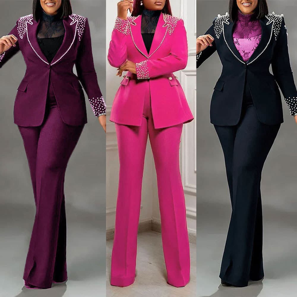 Women's Clothing Pearl Long Sleeved Slim Stretch Suit Two Piece Suit