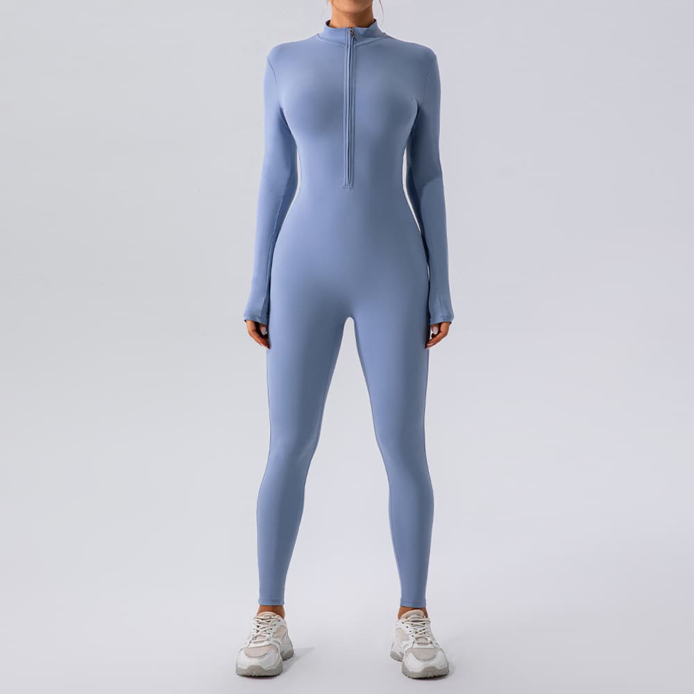 LazyZoom Zipper Bare Sensation Long Sleeve Yoga Jumpsuit For Women Sports Fitness Training Dance One-Piece Tight-Fitting Outfit