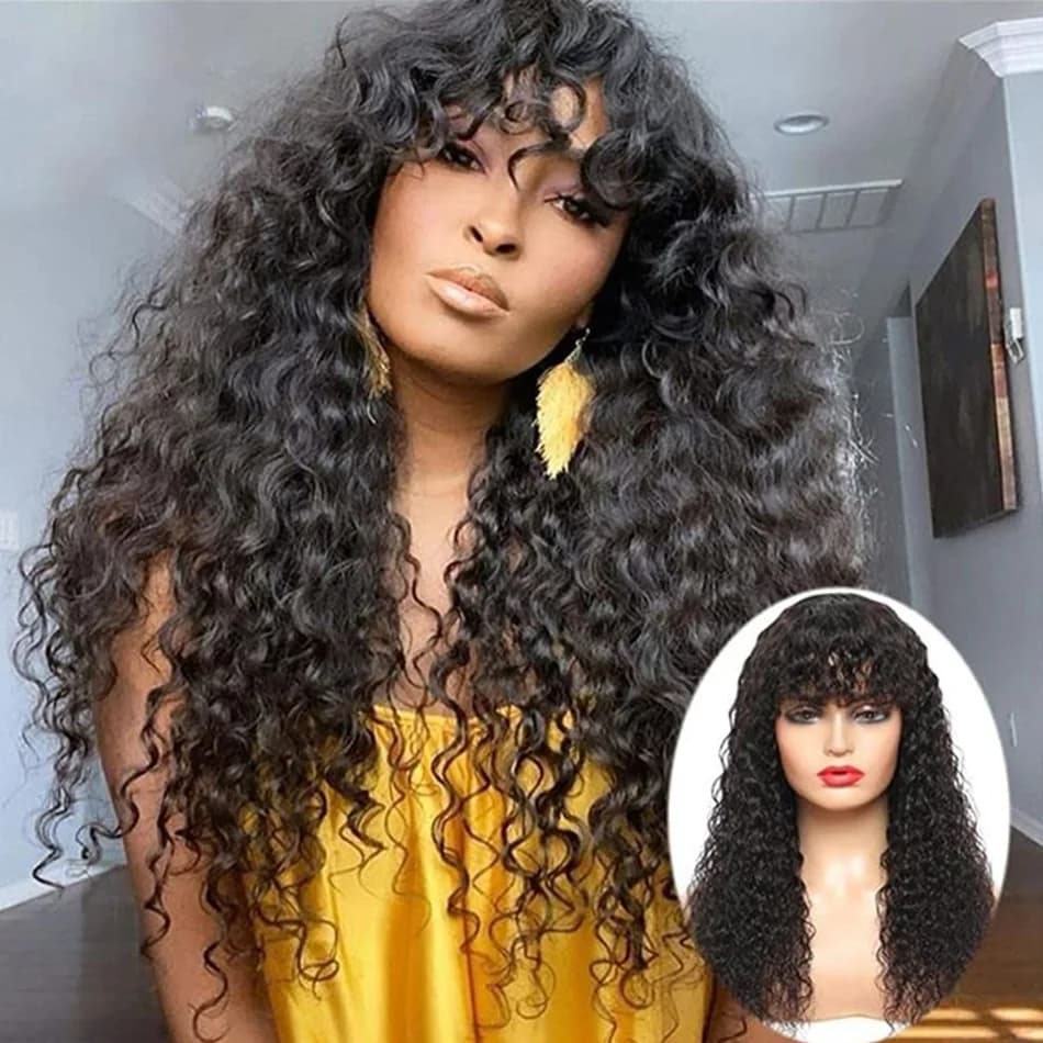 Cheap Deep Curly Brazilian Human Hair Wig with Bangs Machine Made Wigs for Women