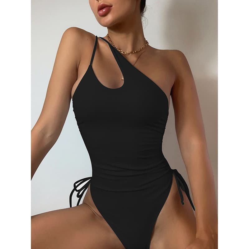 Women's Clothing Sexy Bikini Sling One Shoulder Swimsuit Women's Solid Color High Waist Bikini Swimsuit